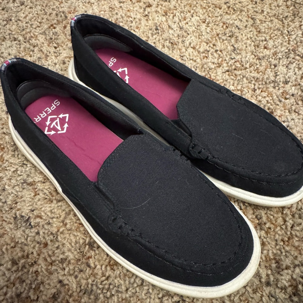 Sperry Black Canvas Slip-Ons with White Soles